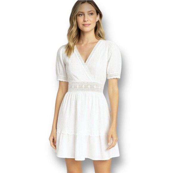 Lulus Dresses & Skirts - Lulus L White Lace Mini Dress V-Neck Ruffle Hem Bridal Wedding Guest Sundress